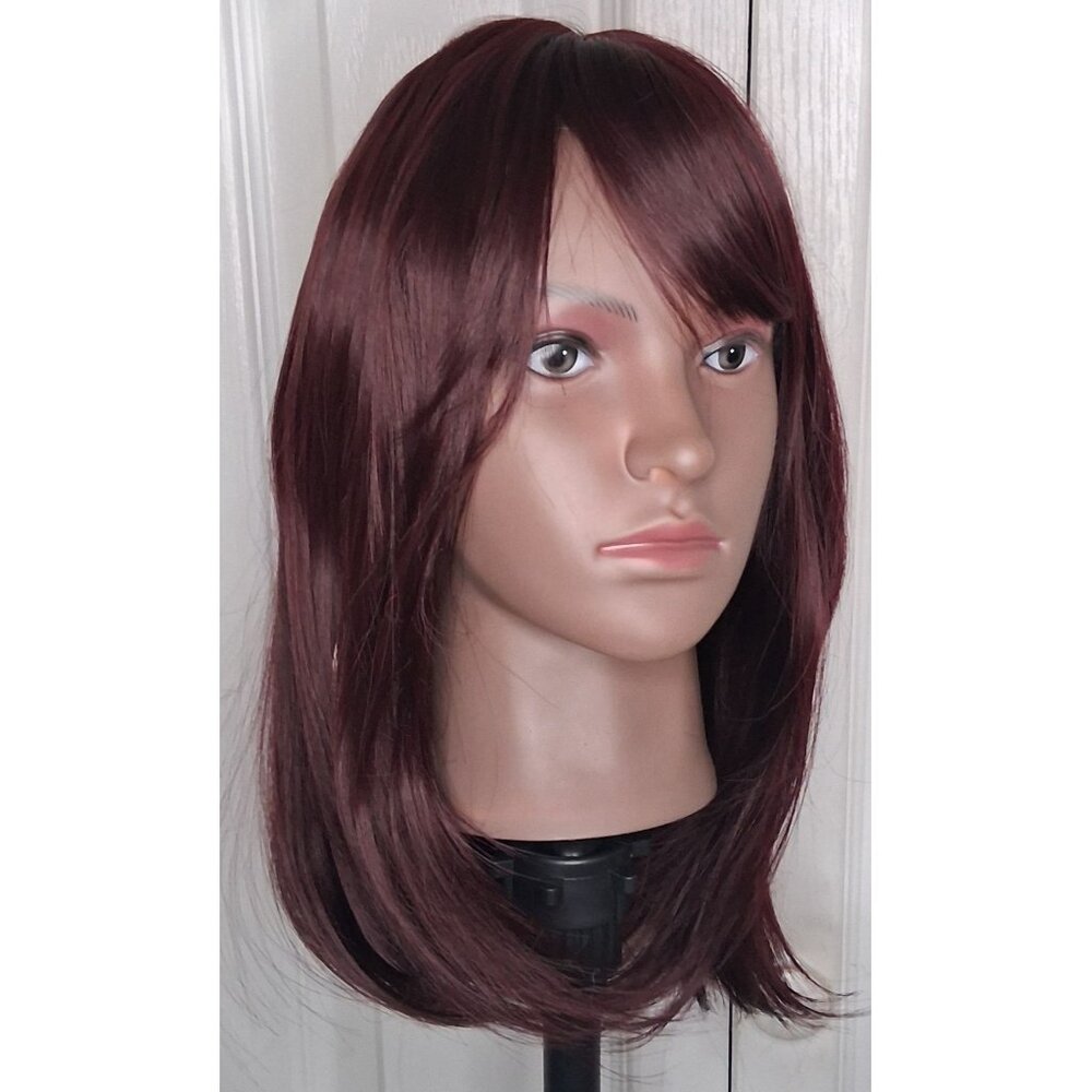 14 inch Red Brown Burgundy Synthetic Wig Bangs  Shoulder Length Layered Daily